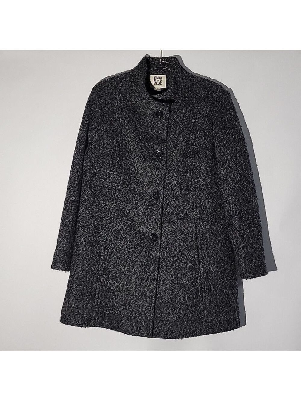Anne Klein Funnel Neck Wool Blend Women's Black/Gray Textured Coat, Size XL
